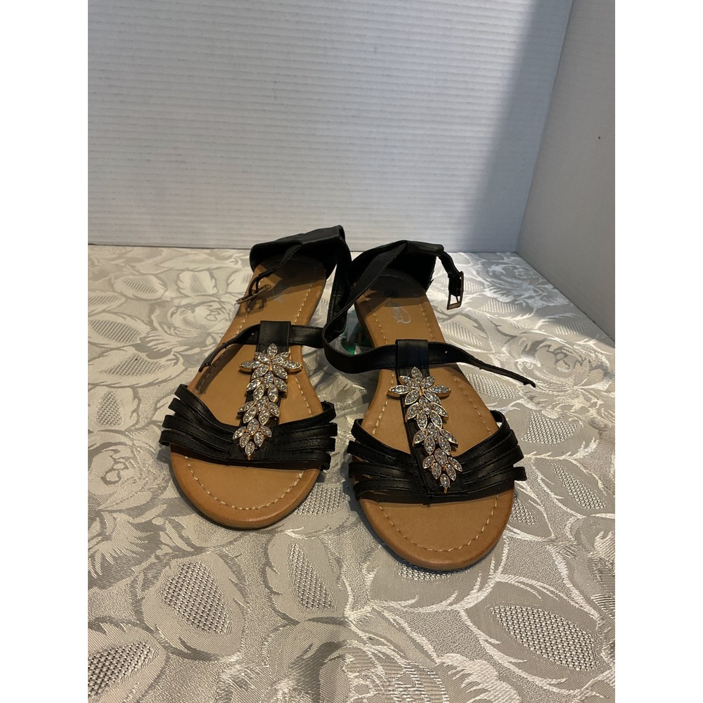 Jomix T-Strap Sandals Womens Size 38 Black Excellent Rhinestone Floral Flat Shoe